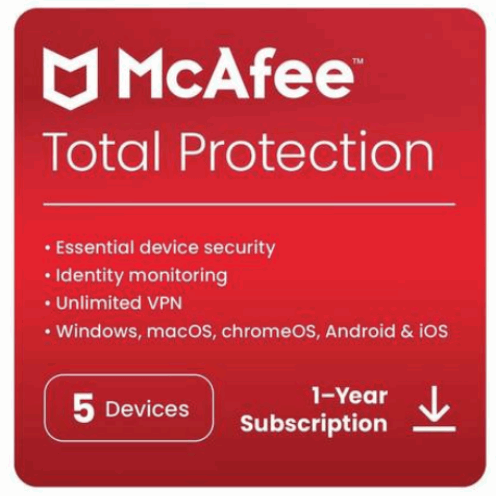 McAfee Total Protection License for 5 Devices – Comprehensive security with antivirus, identity protection, and safe browsing features