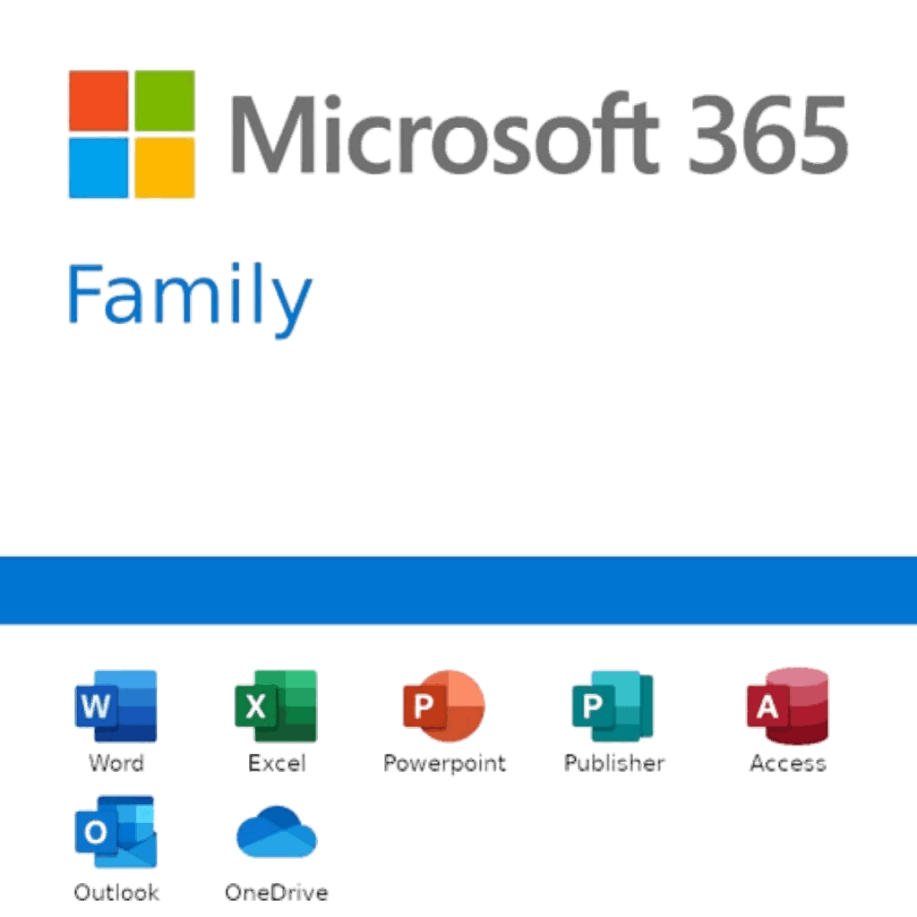 MS Office 365 Family Edition – Share with up to 6 users for all your Office apps and cloud storage needs.