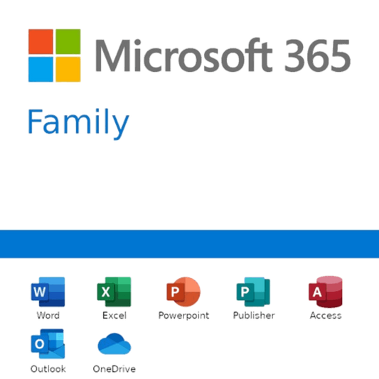 MS Office 365 Family Edition – Share with up to 6 users for all your Office apps and cloud storage needs.