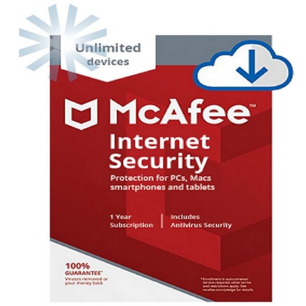 McAfee Internet Security – 1 Year Unlimited Devices, offering advanced antivirus, firewall, and privacy protection for all your devices.