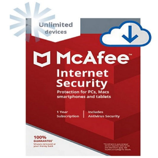 McAfee Internet Security – 1 Year Unlimited Devices, offering advanced antivirus, firewall, and privacy protection for all your devices.