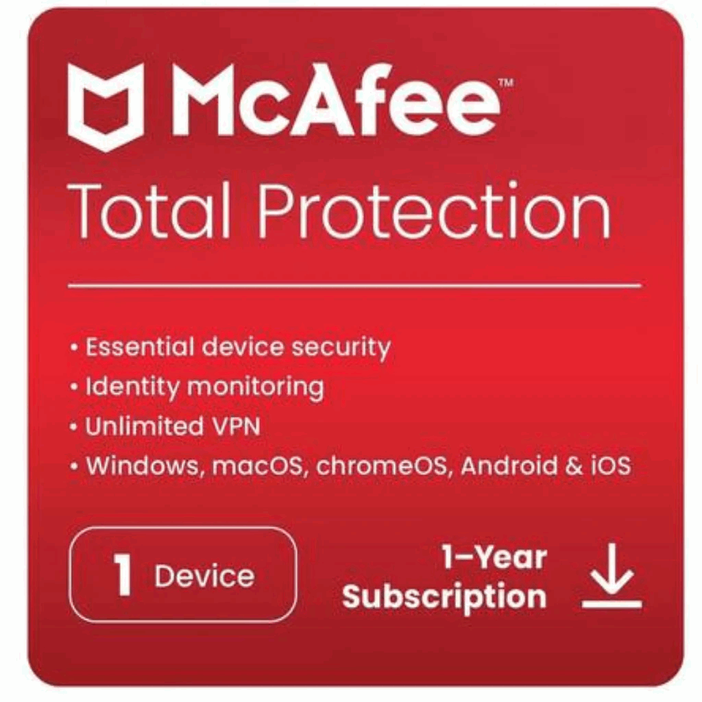 McAfee Total Protection License for 1 Device – Comprehensive security with antivirus, identity protection, and safe browsing features.