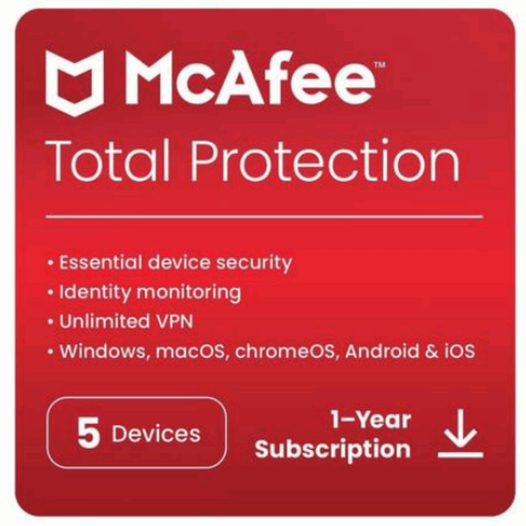 McAfee Total Protection License for 5 Devices – Comprehensive security with antivirus, identity protection, and safe browsing features