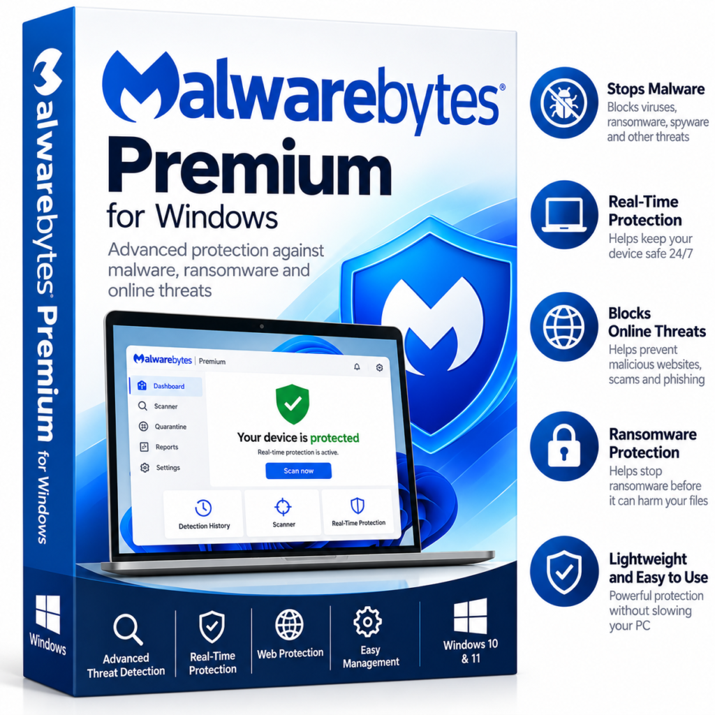 Malwarebytes Premium for Windows with security dashboard and malware, ransomware and web protection features