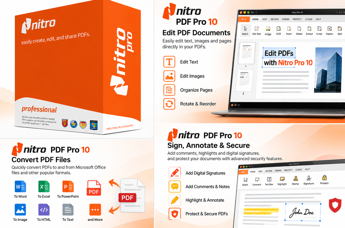 Nitro PDF Pro 10 for Windows with PDF editing, text, image and page management tools