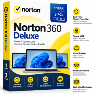 Norton 360 Deluxe 1 Year for 3 PCs with antivirus protection, secure VPN and cloud backup features