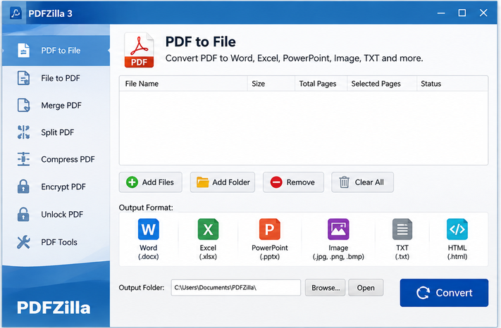 PDFZilla PDF converter for Word Excel Image TXT and HTML formats