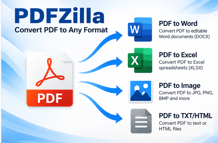 PDFZilla 3 PDF conversion software interface with PDF to Word Excel PowerPoint Image TXT and HTML tools