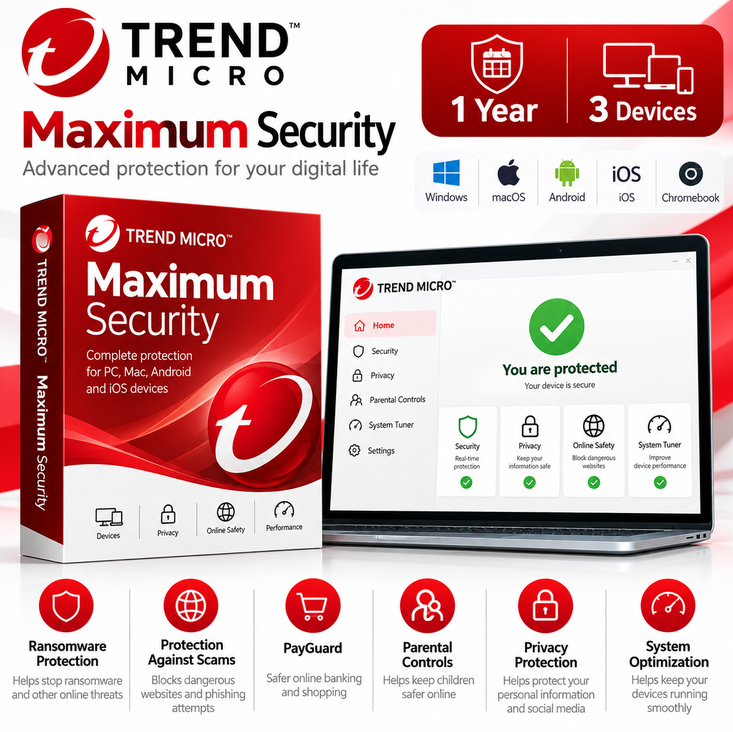 Trend Micro Maximum Security 1 Year for 3 Devices with ransomware, scam and privacy protection