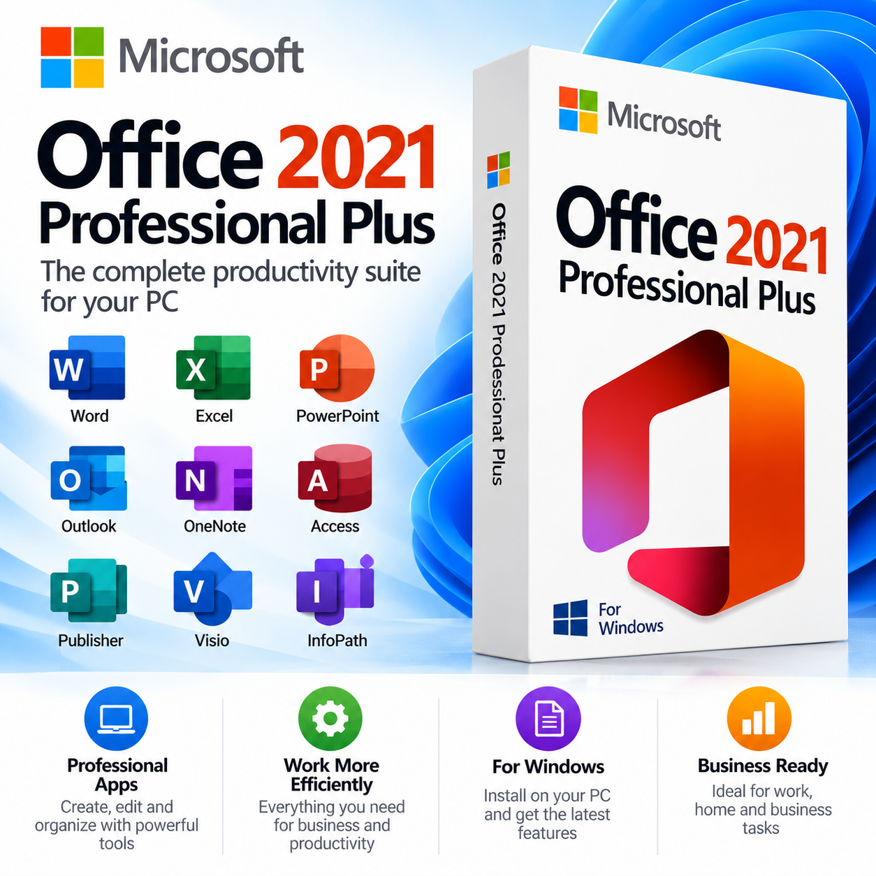 Microsoft Office 2021 Professional Plus for Windows with Word, Excel, PowerPoint, Outlook and other Office applications