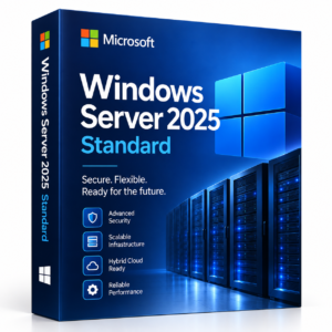 Windows Server 2025 Standard software box with blue server rack graphics and Windows branding