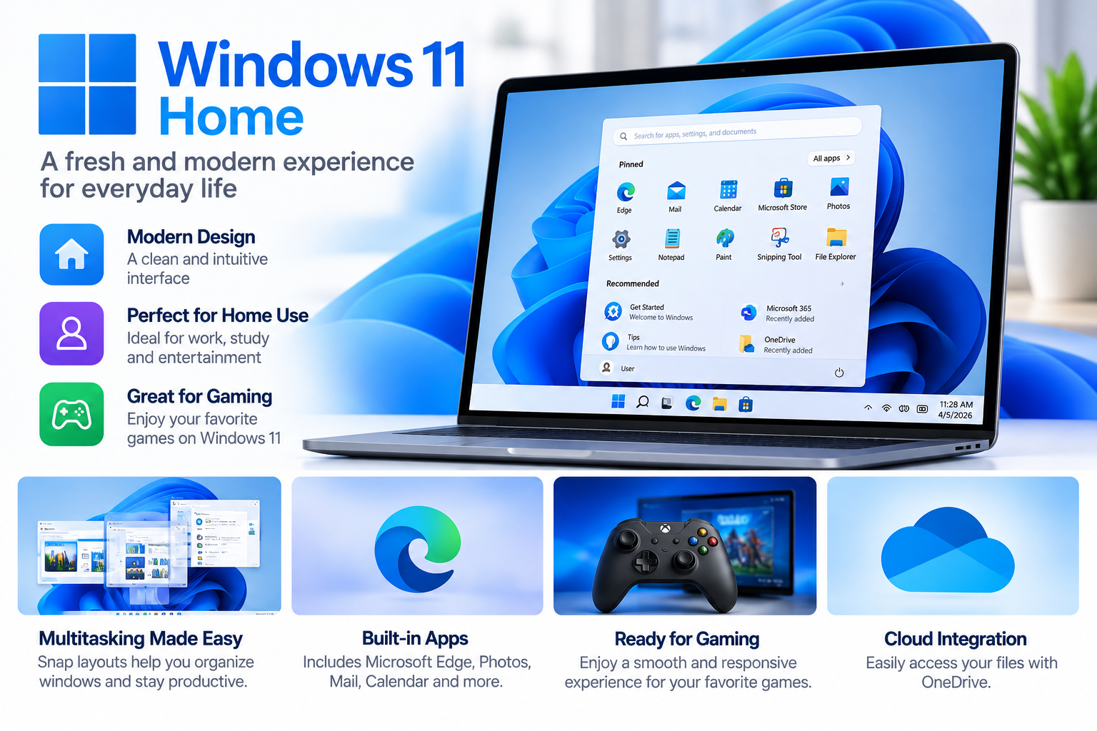Windows 11 Home interface on a laptop showing the Start menu, built-in apps and multitasking features