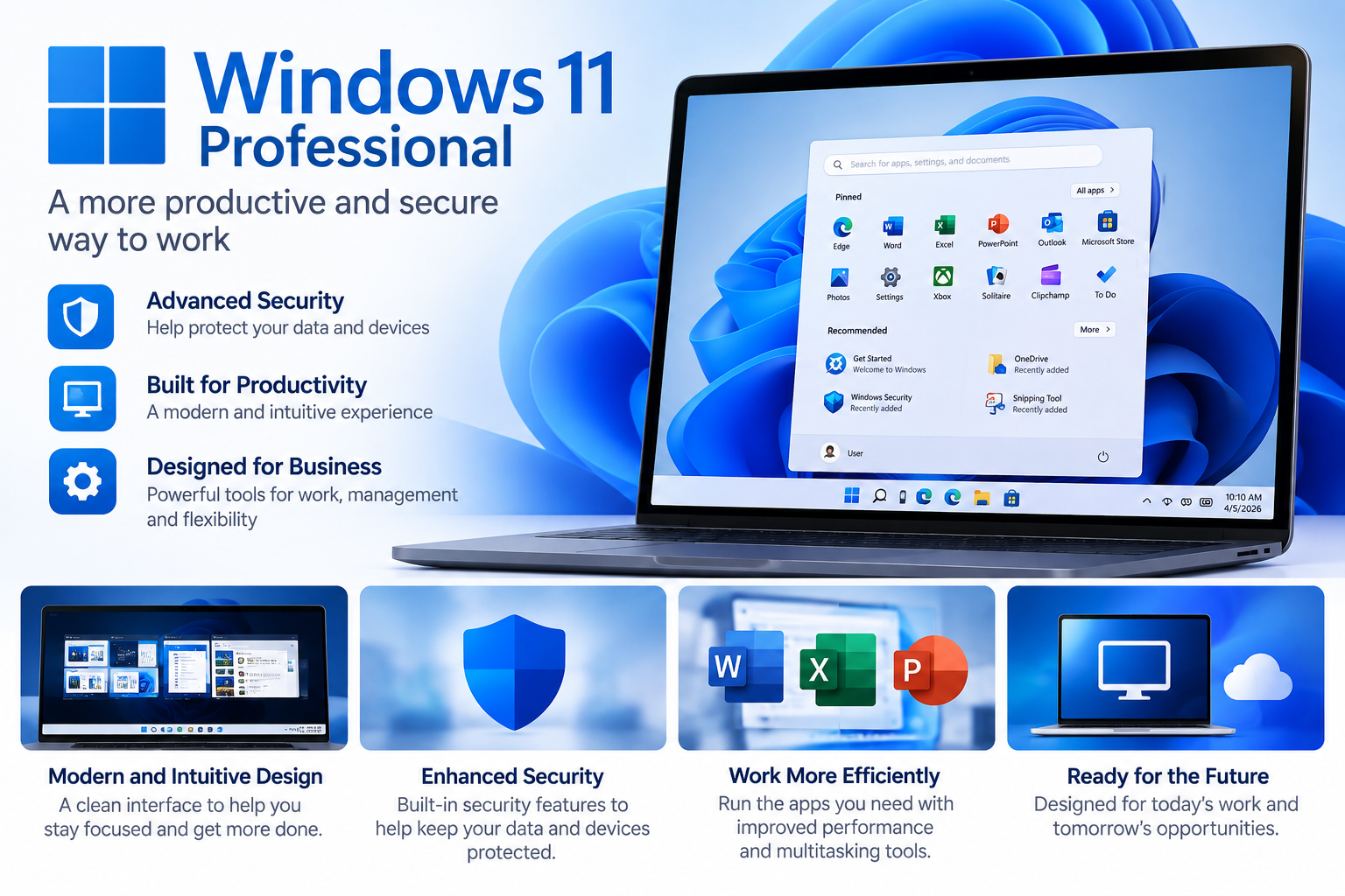Windows 11 Professional interface on a laptop with Start menu, productivity tools and business features