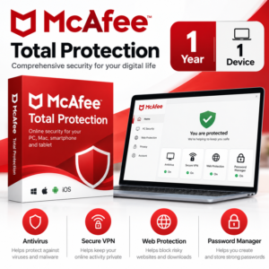 McAfee Total Protection 1 Year for 1 Device with antivirus, VPN and web protection