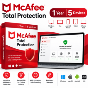 McAfee Total Protection 1 Year for 5 Devices with antivirus, VPN and web protection