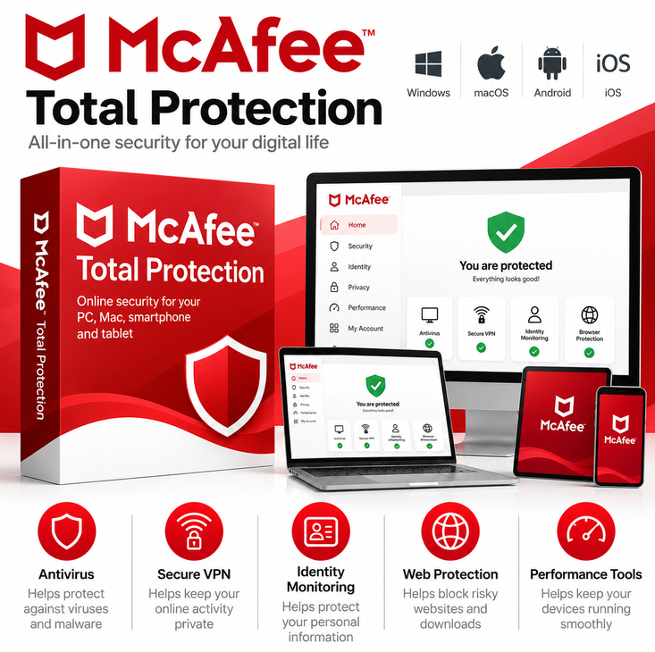 McAfee Total Protection with antivirus, Secure VPN, identity monitoring and web protection
