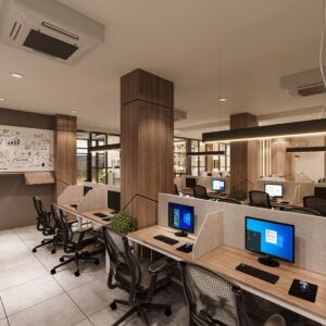 Contemporary open office space with cubicles, computers, and a creative whiteboard wall in a professional setting.