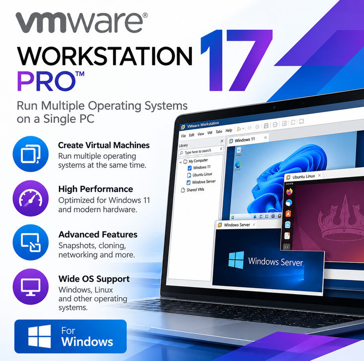 VMware Workstation 17 Pro for Windows running multiple virtual machines with Windows and Linux