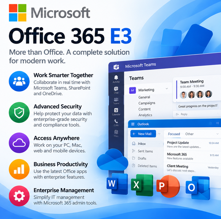 Microsoft Office 365 E3 account for 1 year with Word, Excel, PowerPoint, Outlook and collaboration tools