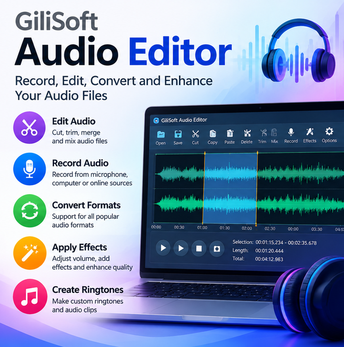 GiliSoft Audio Editor for Windows with audio waveform editing, recording and sound enhancement tools