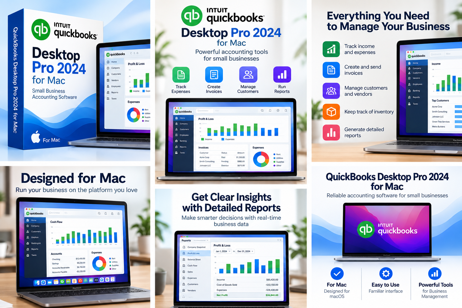 QuickBooks Desktop Pro 2024 for Mac featuring invoicing, expense tracking, customer management and business reports
