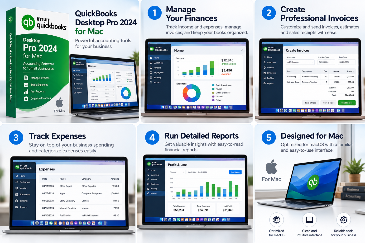 QuickBooks Desktop Pro 2024 for Mac accounting dashboard with income, expenses, invoices and financial reports