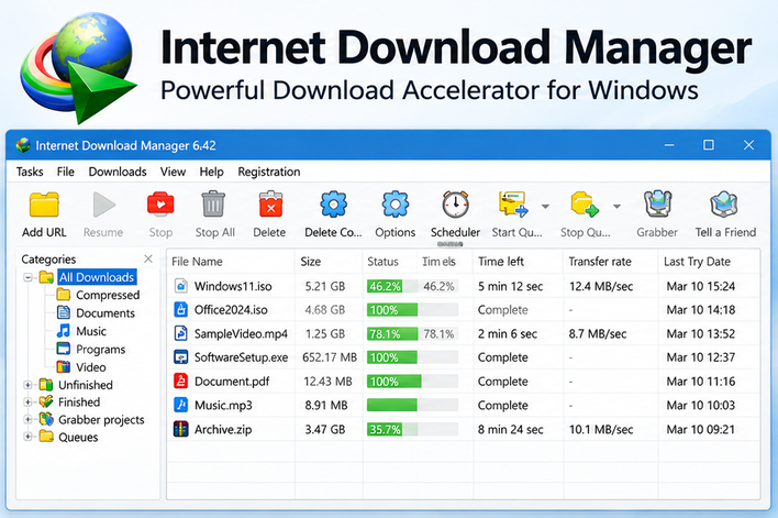 Internet Download Manager for Windows showing download list, progress bars and download management controls