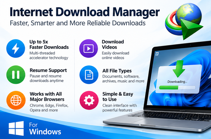 Internet Download Manager for Windows with download acceleration, resume support and video download features