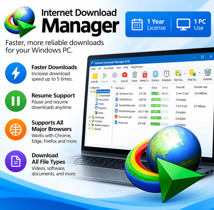 Alt Text: Internet Download Manager 1 Year 1 PC Windows download manager